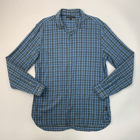 John Varvatos Shirt Mens XL Extra Large Blue Green Plaid Button Up Long Sleeve - Picture 2 of 10